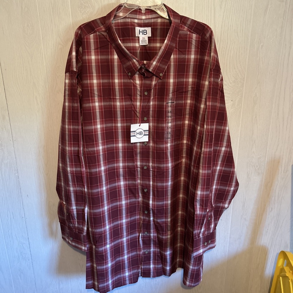 HB Mens 5XL Burgundy Plaid Button Down Shirt NWT